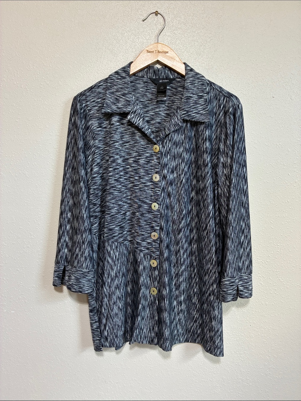 Ali Miles Large Black Grey Button Up Tunic Top Artsy Lagenlook 3/4 Sleeve